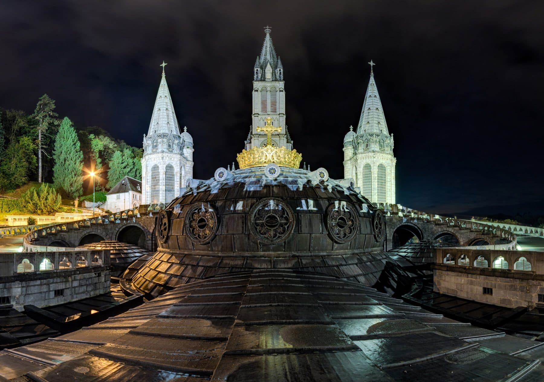 Basilica of Our Lady of the Rosary at the Sanctuary of Lourdes seen across the esplanade, 2018